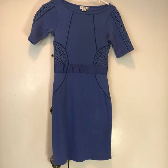 REISS Light Blue Cotton Mixed Knit Eyelet Bodycon Dress size UK6 EU34 US2 - Picture 1 of 11